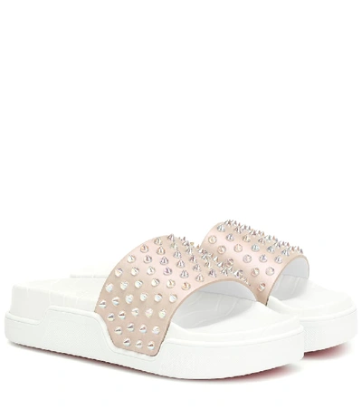 Shop Christian Louboutin Pool Fun Embellished Leather Slides In Beige