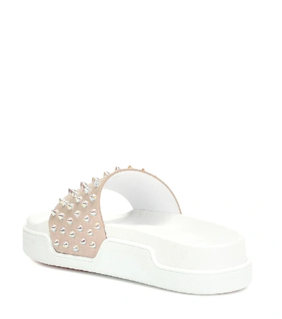 Shop Christian Louboutin Pool Fun Embellished Leather Slides In Beige