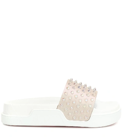 Shop Christian Louboutin Pool Fun Embellished Leather Slides In Beige