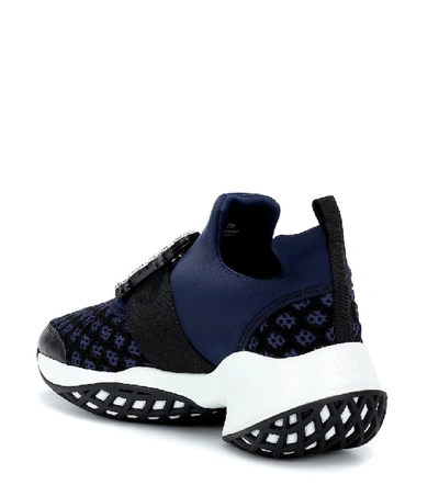 Roger Vivier Roger Viv Mesh Crystal Embellished Slip On Sneakers In Black Nylon In Blue