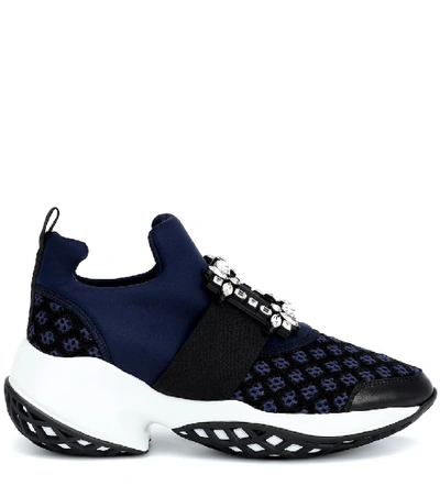 Roger Vivier Roger Viv Mesh Crystal Embellished Slip On Sneakers In Black Nylon In Blue