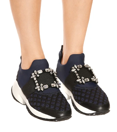 Roger Vivier Roger Viv Mesh Crystal Embellished Slip On Sneakers In Black Nylon In Blue