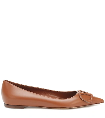 Shop Valentino Vlogo Leather Ballet Flats In Brown