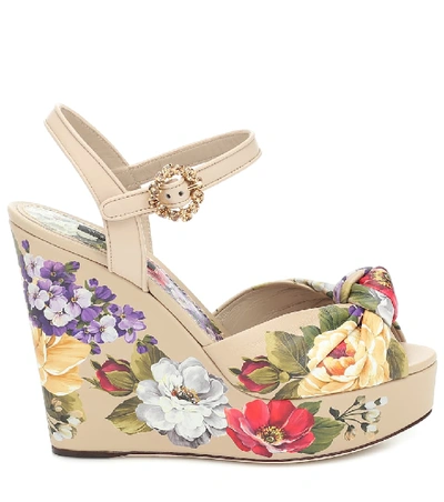 Shop Dolce & Gabbana Bianca Floral Wedge Sandals In Beige