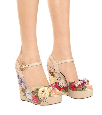 Shop Dolce & Gabbana Bianca Floral Wedge Sandals In Beige