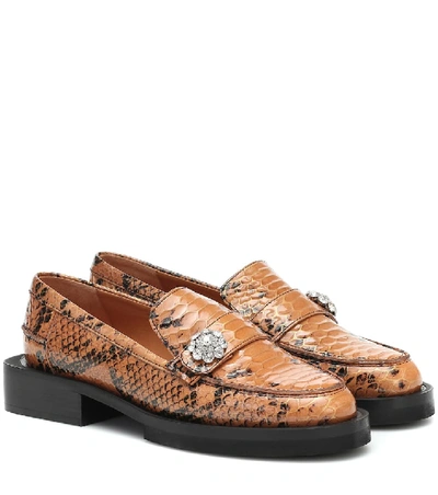 Shop Ganni Jewel Snake-effect Leather Loafers In Brown