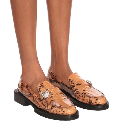 Shop Ganni Jewel Snake-effect Leather Loafers In Brown