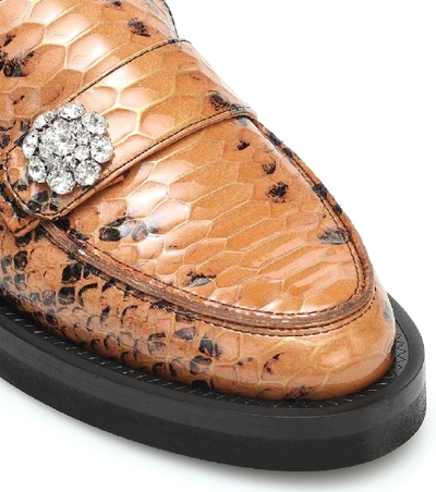 Shop Ganni Jewel Snake-effect Leather Loafers In Brown