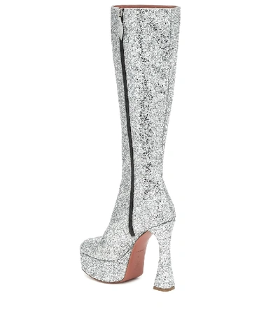 Shop Amina Muaddi Farah Glitter Knee-high Boots In Silver