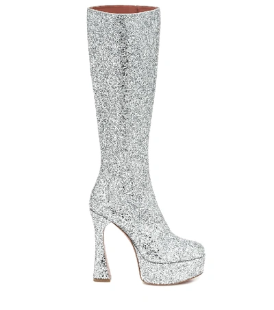 Shop Amina Muaddi Farah Glitter Knee-high Boots In Silver