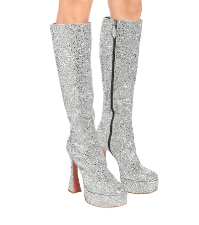 Shop Amina Muaddi Farah Glitter Knee-high Boots In Silver