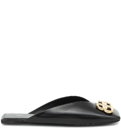 Shop Balenciaga Double Square Bb Leather Slippers In Black