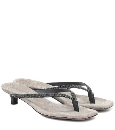 Shop Brunello Cucinelli Embellished Leather Thong Sandals In Grey