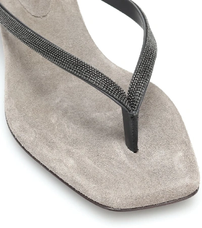 Shop Brunello Cucinelli Embellished Leather Thong Sandals In Grey