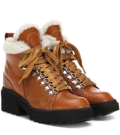 Shop Chloé Bella Shearling-trimmed Ankle Boots In Brown