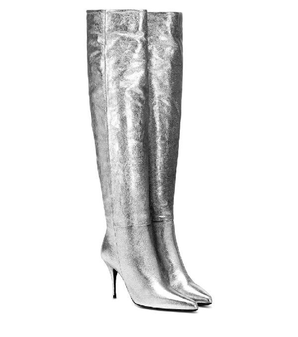 silver metallic knee high boots