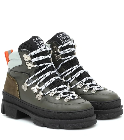 Shop Ganni Sporty Hiking Leather Ankle Boots In Green