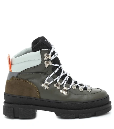 Shop Ganni Sporty Hiking Leather Ankle Boots In Green