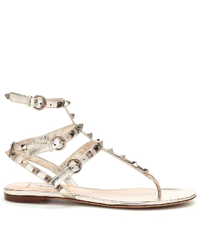 Valentino Rockstud Flat Leather Sandals In Metallic