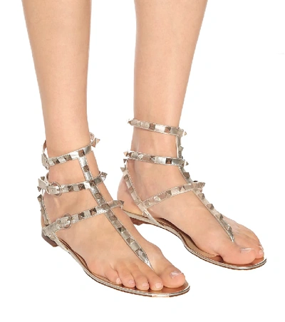 Valentino Rockstud Flat Leather Sandals In Metallic