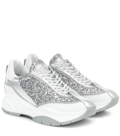 Shop Jimmy Choo Raine Glitter And Leather Sneakers In Silver