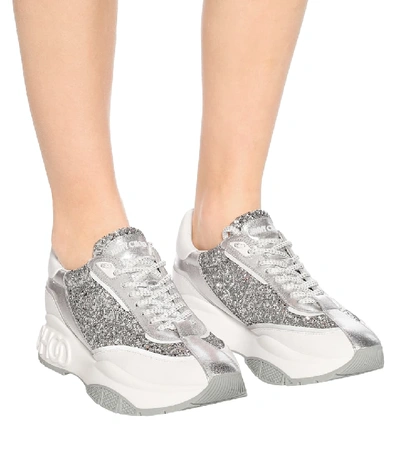 Shop Jimmy Choo Raine Glitter And Leather Sneakers In Silver