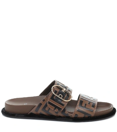 Fendi Logo-print Leather And Rubber Slides In Brown | ModeSens