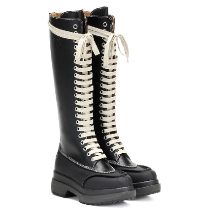 Shop Mm6 Maison Margiela Lace-up Leather Knee-high Boots In Black