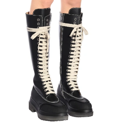 Shop Mm6 Maison Margiela Lace-up Leather Knee-high Boots In Black