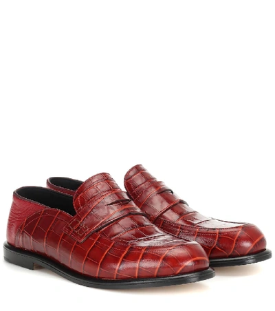 Shop Loewe Croc-effect Leather Loafers In Red