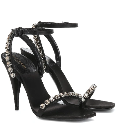 Shop Saint Laurent Kiki 100 Embellished Satin Sandals In Black