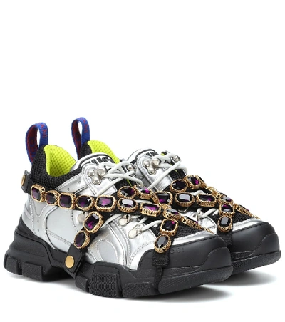 Shop Gucci Flashtrek Embellished Sneakers In Silver