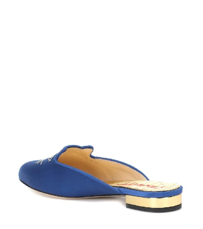 Shop Charlotte Olympia Kitty Satin Slippers In Blue