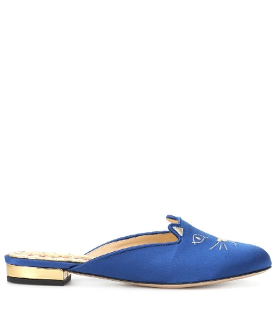 Shop Charlotte Olympia Kitty Satin Slippers In Blue