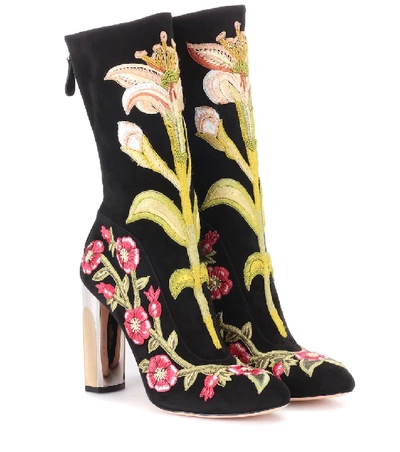 Shop Alexander Mcqueen Embroidered Suede Ankle Boots In Multicoloured