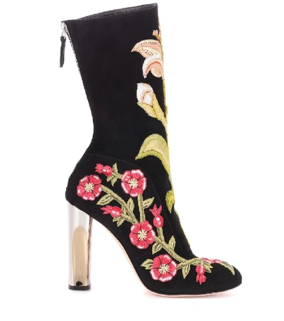 Shop Alexander Mcqueen Embroidered Suede Ankle Boots In Multicoloured