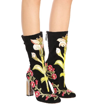 Shop Alexander Mcqueen Embroidered Suede Ankle Boots In Multicoloured