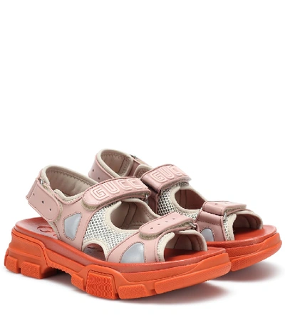 Shop Gucci Aguru Leather And Mesh Sandals In Pink