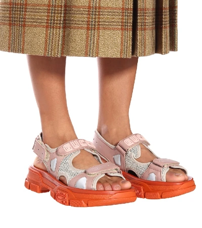 Shop Gucci Aguru Leather And Mesh Sandals In Pink
