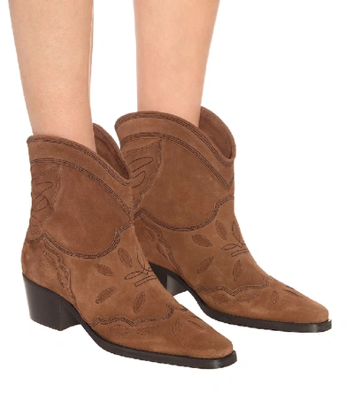 Shop Ganni Low Texas Suede Cowboy Boots In Brown