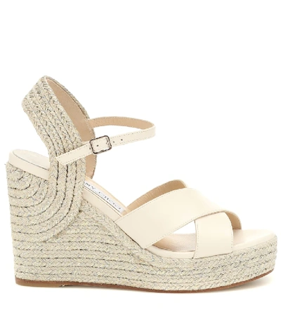 Shop Jimmy Choo Dellena 100 Leather-trimmed Espadrilles In White