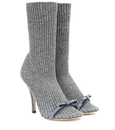 Shop Marco De Vincenzo Embellished Ribbed-knit Sock Boots In Grey