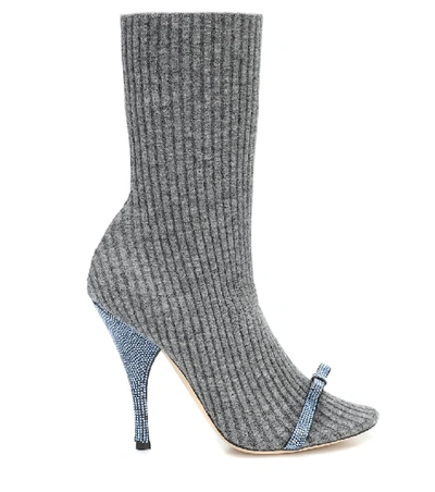 Shop Marco De Vincenzo Embellished Ribbed-knit Sock Boots In Grey