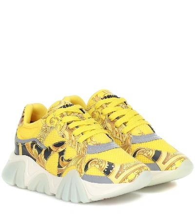 Shop Versace Squalo Mesh And Leather Sneakers In Yellow