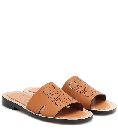 Shop Loewe Anagram Leather Slides In Brown