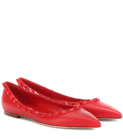 Shop Valentino Rockstud Leather Ballet Flats In Red