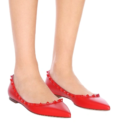 Shop Valentino Rockstud Leather Ballet Flats In Red