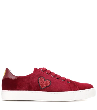 Shop Anya Hindmarch Glitter Heart Velvet Low-top Sneakers In Red