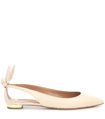 Shop Aquazzura Bow Tie Leather Ballet Flats In Beige