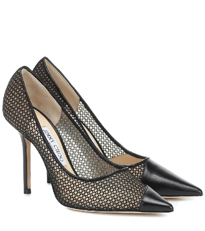 Shop Jimmy Choo Love 100 Leather-trimmed Mesh Pumps In Black